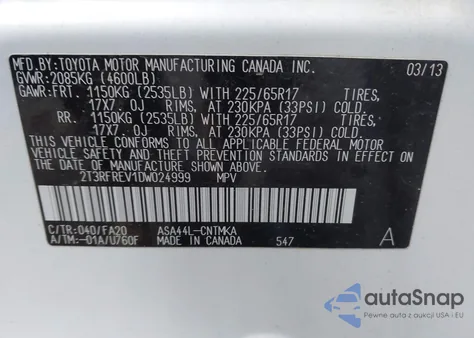 2013 Toyota Rav4 Xle из США, поврежденный, VIN 2T3RFREV1DW024999